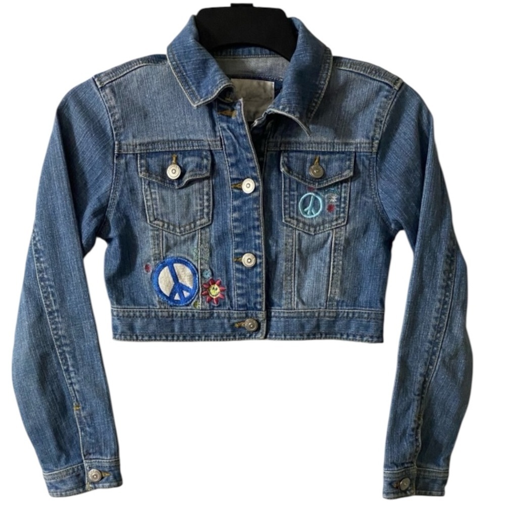 Justice Jean Jacket, Medium wash, Denim, Sz 10, Crop, Trucker, Embroidery